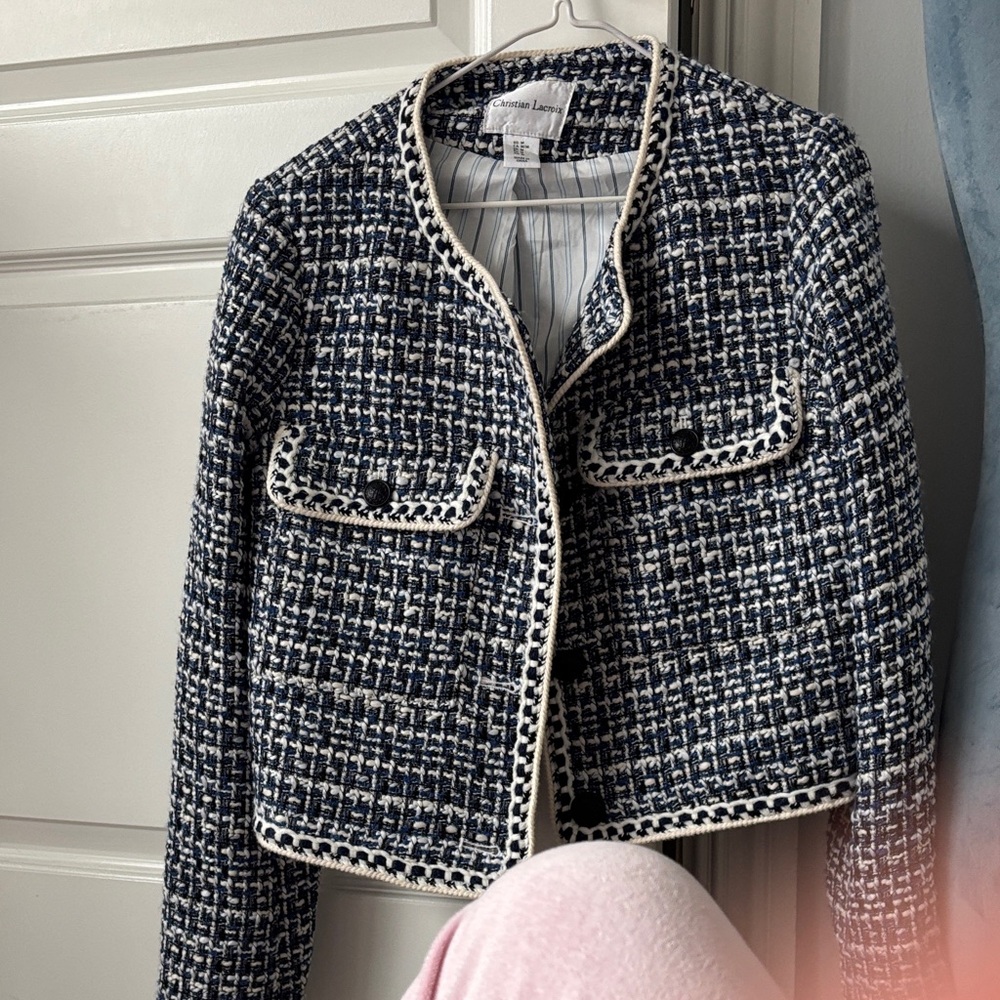 Christian Lacroix Navy & White Tweed Cropped Blazer